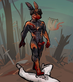 anthro arrow_(weapon) balls biped blood blood_on_face bodily_fluids cock_and_ball_torture duo erection female fingers foreskin genital_torture genitals hair humanoid_genitalia humanoid_penis inner_ear_fluff male male/female melee_weapon penis plant ranged_weapon sword tree tuft weapon jam_(artist) hare lagomorph leporid mammal