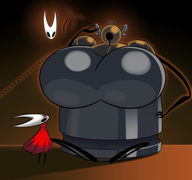 armor bell biped brass breasts cloak clothing dress duo female female/female headgear helmet metal red_clothing red_dress simple_background sitting size_difference standing wings sillyseacreatur weaver hollow_knight:_silksong hollow_knight_(franchise) inktober_2025 team_cherry forge_daughter hornet_(hollow_knight) arthropod insect 2025 hi_res