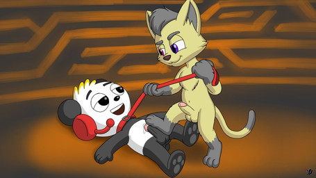 anthro bdsm bodily_fluids bondage bound dripping duo electronics erection feet foot_fetish foot_play footjob fur genital_fluids genitals headgear headphones headset heterochromia leash male male/male multicolored_body multicolored_fur nude pawpads penis precum precum_drip sex omatic combo_panda bear domestic_cat felid feline felis giant_panda mammal 16:9 widescreen