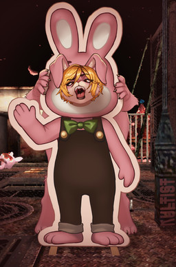 alternate_species anthro bent_over blonde_hair bodily_fluids cardboard_cutout claws clothing female floppy_ears fur furrification hair open_mouth overalls pink_body pink_fur saliva solo tongue kultist konami silent_hill heather_mason robbie_the_rabbit lagomorph leporid mammal rabbit hi_res gynomorph_(lore)
