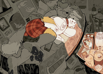 alcohol_bottle aluminum_can anthro armchair bed bed_sheet bedding beverage_bottle book bottle bottle_cap bowl boxers_(clothing) bracelet briefs bulge cereal chair claws clock clothed clothing clothing_lift coin collar computer container cuddling_plushie cup cutlery detailed_bulge drawer drinking_glass drugs electric_guitar electronics feet feral floppy_ears food foot_focus footwear framed_picture furniture genital_outline glass glass_container glass_cup glistening glistening_pawpads guitar hair hair_over_eye heart_pawpads hug humanoid_hands jewelry kissing kitchen_utensils magazine magic_user male messy_room milk musical_instrument open_drawer pawpads penis_outline pill_bottle pillow pills plucked_string_instrument plush_stuffing plushie porn_magazine pornography poster ripped_plushie shirt shirt_lift shoes sleeping socks soda_bottle soda_tab solo spoon string_instrument tail tape tools topless topwear underwear usb_drive vinyl_record wine_bottle wine_glass littlearrowdog crywank_(band) godspeed_you!_black_emperor the_antlers canid canine canis domestic_cat domestic_dog felid feline felis human lion mammal pantherine hi_res