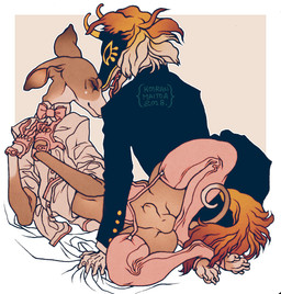 animal_genitalia anthro anthro_on_anthro bald balls black_clothing black_mask black_shirt black_topwear border brown_balls brown_sheath brown_tail cheek_tuft closed_smile clothed clothed_anthro clothed_male clothing countershading duo eyes_closed facial_tuft feet femboy floppy_ears folded_ears fully_sheathed fur genitals gloves grabbing_sheets handwear hindpaw humanoid_hands intimate legwear male male/male male_anthro mouth_closed multicolored_body multicolored_fur navel open_mouth orange_body orange_fur paws pink_bow pink_clothing pink_gloves pink_handwear pink_legwear pink_shirt pink_stockings pink_thigh_highs pink_topwear sheath shirt simple_background smile stockings tail tan_background tan_body tan_countershading tan_fur teeth thigh_highs topwear tuft two_tone_body two_tone_fur two_tone_mask victorian white_border yellow_body yellow_fur koiranmaitoa canid canine canis domestic_dog hunting_dog mammal sighthound 2018 dated hi_res