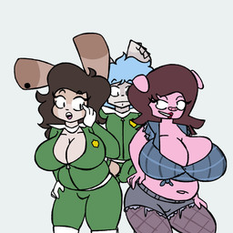 anthro breasts cleavage cleavage_overflow clothed clothing erection erection_under_clothing female group hand_on_hip lipstick makeup male male/female slightly_chubby slightly_chubby_female teasing flufflewdzthings canid canine canis domestic_pig hare lagomorph leporid mammal rabbit suid suine sus_(pig) wolf 1:1 character_request hi_res