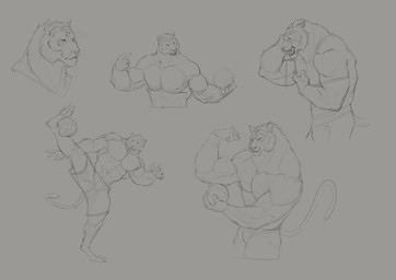 action_pose anthro ball clothed clothing flexing flexing_bicep front_view hand_on_chest holding_ball holding_object male male_anthro mouth_closed muscular muscular_anthro muscular_male open_mouth pecs pose side_view simple_background solo standing tail three-quarter_view topless aduran felid mammal pantherine tiger absurd_res bust_portrait hi_res monochrome portrait sketch sketch_page