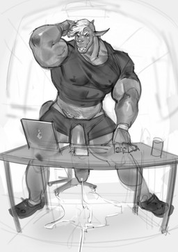 abstract_background anthro belly_hair big_muscles bodily_fluids body_hair clothed clothed_anthro clothed_male clothing computer electronics eyebrows footwear genital_fluids genitals laptop large_male leaking_precum male muscular muscular_anthro muscular_male penis penis_poking_out penis_through_fly pose precum precum_on_floor sharp_teeth solo teeth text thick_eyebrows purplebirdman crocs 2026 black_and_white detailed digital_drawing_(artwork) digital_media_(artwork) english_text full-length_portrait greyscale hi_res monochrome portrait shaded sketch