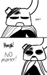 2_horns 2_panel_comic bandage black_body black_eyes black_text cloak clothing dialogue exclamation_point horn male mouth_closed open_mouth profanity simple_background solo text white_background white_head wounded skeletorskeletonized hollow_knight team_cherry zote_(hollow_knight) arthropod 2020 5:8 black_and_white comic digital_media_(artwork) english_text hi_res monochrome