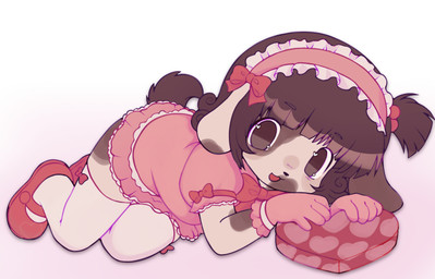 accessory alternative_fashion anthro biped black_nose box_of_chocolates brown_body brown_fur brown_hair candy chocolate clothed clothing dessert dress eyebrows female floppy_ears food footwear fur gloves hair handwear headband heart_eyes heart_symbol holding_object j-fashion legwear lolita_(fashion) looking_at_viewer lop_ears lying open_mouth open_smile pink_clothing pink_dress pink_gloves pink_handwear red_clothing red_footwear short_tail simple_background smile stockings sweet_lolita tail tongue white_background white_body white_clothing white_fur white_legwear white_stockings young young_anthro young_female lollipounce canid canine canis domestic_dog mammal 2026 absurd_res hi_res