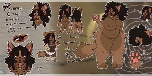 afro anthro bell big_breasts bottomwear breasts brown_body brown_countershading brown_fur brown_tail clothed clothed_anthro clothed_female clothing countershade_torso countershading dreadlocks ear_piercing eyebrows eyelashes eyes_closed eyewear facial_markings facial_piercing female female_anthro fingers flesh_tunnel fur glasses hair handpaw handwear hat head_markings headgear headwear huge_breasts huge_thighs jingle_bell lips markings muzzle_(marking) navel nose_piercing nose_ring nude nude_anthro nude_female one_eye_closed oven_mitts pawpads paws piercing pink_inner_ear pink_pawpads pink_tongue rectangular_glasses ring_piercing septum_piercing septum_ring solo standing tail teeth text thick_thighs tongue tongue_out topwear wearing_glasses white_sclera kr4mpusk rema_(kr4mpusk) canid canine canis domestic_dog german_shepherd herding_dog mammal pastoral_dog 2025 digital_media_(artwork) english_description english_text hi_res model_sheet