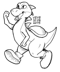 boots clothing footwear neck_spikes open_mouth pupils shoes side_view slit_pupils solo tongue walking skyelegs mario_bros nintendo yoshi 2015 black_and_white monochrome signature