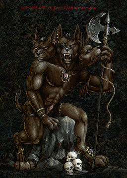 3_heads abs animal_genitalia anthro axe bone genitals male melee_weapon multi_head penis penis_tip sheath skull solo tail weapon rog_minotaur european_mythology greek_mythology mythology canid canid_demon canine canis cerberus demon domestic_dog hellhound mammal mythological_canine mythological_creature 2007