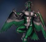 abs anthro armor beak black_body black_feathers claws cybernetics digitigrade feathered_wings feathers feet front_view green_body green_feathers looking_at_viewer machine male navel pecs raised_leg solo talons toe_claws toes white_body white_feathers winged_arms wings rakisha ake avian cyborg 2016