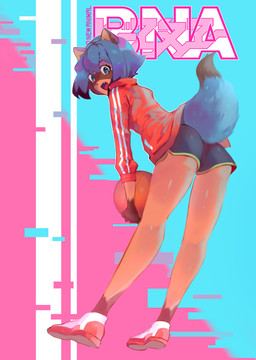 anthro ball basketball_(ball) blue_eyes blue_hair bottomwear butt clothed clothing dipstick_tail dolphin_shorts female footwear hair holding_object jacket markings shoes shorts solo tail tail_markings topwear benzbt brand_new_animal studio_trigger michiru_kagemori canid canine mammal raccoon_dog tanuki 2020 absurd_res digital_media_(artwork) hi_res