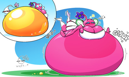 belly big_belly big_breasts blue_sclera breasts clothed clothed_female clothing duo female huge_belly nectar outside overweight overweight_female pink_body plant sound_effects stuffing text blahblah866 nintendo pikmin rosa_(blahblah866) elemental_creature flora_fauna humanoid pikmin_(species) white_pikmin winged_pikmin 2025 digital_media_(artwork) hi_res