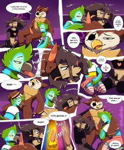 accessory anthro ball_sniffing balls beak beak_fetish beak_play beak_sex beakjob bed blue_body blue_eyes blue_feathers blush blush_lines bodily_fluids bottomwear brown_body brown_feathers brown_hair choker clothed clothing crop_top crossdressing cum cum_on_face dialogue erection eye_patch eyewear feathers fellatio first_person_view fluffy fluffy_hair furniture genital_fluids genitals green_body green_feathers group group_ejaculation group_masturbation hair hair_accessory hair_tie heart_symbol jewelry kneeling legwear licking looking_at_another looking_at_partner lying lying_on_bed male male/male masturbation motion_lines muffled_moaning necklace on_bed oral pattern_clothing pattern_legwear pattern_thigh_highs penile penis penis_lick saliva saliva_on_penis sex shirt skirt sniffing speech_bubble striped_clothing striped_legwear striped_thigh_highs stripes tapering_penis text thigh_highs tied_hair tongue tongue_out topwear trio yellow_body yellow_eyes yellow_feathers thatbirdboi alex_(avi_parrot) birb_(somesacredbird) soren_(sorenbirb) avian bird macaw neotropical_parrot owl parrot true_parrot 2021 absurd_res comic digital_drawing_(artwork) digital_media_(artwork) english_text hi_res