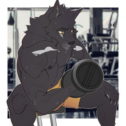 abs anthro athletic athletic_anthro athletic_male bench bicep_curl biceps black_body black_eyebrows black_fur black_nose black_pawpads bodily_fluids border bottomwear breath bulge clothed clothing deltoids ear_piercing ear_ring exercise exercise_equipment eyebrow_piercing eyebrow_ring eyebrow_scar eyebrows facial_piercing facial_scar fangs fur gold_(metal) gold_jewelry grey_body grey_fur grey_inner_ear gym hand_on_knee hand_on_leg inside jewelry looking_at_object looking_down male muscular muscular_anthro muscular_male navel on_bench pawpads pecs piercing ring_piercing scar shorts sitting solo sweat sweatdrop sweaty_body sweaty_face teeth topless triceps veiny_arms weight_bench weightlifting white_border white_sclera workout yellow_bottomwear yellow_clothing yellow_eyes yellow_shorts merutenshiart pveslay_(character) canid canine canis mammal wolf 1:1 hi_res portrait