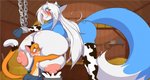 ahegao anthro areola big_breasts blue_body blue_fur blush bodily_fluids bound breast_grab breast_hug breast_milking breasts bucket chain chained clothing container duo female fur grey_hair hair hand_on_breast horn huge_breasts lactating legwear long_hair long_tail looking_pleasured looking_up male male/female milk nipples one_eye_closed orange_body orange_fur shackled smile stockings suspenders tail tongue tongue_out mastergodai bovid bovine cattle domestic_cat felid feline felis mammal