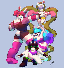 5_fingers anthro armband bangs bent_arm bent_leg bent_legs big_breasts big_butt black_boots black_clothing black_fingerless_gloves black_footwear black_gloves black_hair black_handwear black_jacket black_topwear black_wrestling_singlet black_wristband blonde_highlights blue_background blue_eyes blue_hair blue_lips boots breasts butt cleavage clothed clothed_anthro clothed_female clothing crouching dress eyebrows eyelashes eyeliner fangs featureless_crotch female female_anthro fingerless_gloves fingers fist footwear freckled_face freckles fully_clothed fully_clothed_anthro fully_clothed_female fur gesture gloves green_clothing green_eyebrows green_footwear green_hair green_hat green_headwear green_shirt green_shoes green_topwear group hair hair_over_eyes half-closed_eyes hand_gesture handwear hat headgear headwear highlights_(coloring) jacket legless legwear light lips long_ears long_hair looking_at_viewer makeup medium_breasts multicolored_clothing multicolored_dress multicolored_hair narrowed_eyes no_pupils noseless open_clothing open_jacket open_mouth open_smile open_topwear pantsless_anthro pantsless_female pigtails pink_armband pink_boots pink_clothing pink_footwear pink_hair pink_legwear pink_shirt pink_thigh_highs pink_topwear plant pointing pose pupils purple_clothing purple_dress purple_eyelids purple_eyeliner purple_eyes purple_hair purple_lips purple_shirt purple_tank_top purple_topwear raised_hands red_eyes red_tongue rock scut_tail shirt shoes short_hair short_tail simple_background size_difference sleeves_past_fingers slit_pupils smaller_female smile smiling_at_viewer spiky_hair standing straight_arms tail tan_body tan_inner_ear tan_skin tank_top teeth text thick_lips thick_thighs thigh_highs thorns tongue topwear torn_tank_top two_tone_hair vines white_background white_body white_fur white_tail wrestling_singlet gloom_arts mario_bros mario_plus_rabbids_sparks_of_hope nintendo raving_rabbids rayman_(series) ubisoft bedrock_(mario_plus_rabbids) daphne_(mario_plus_rabbids) edge_(mario_plus_rabbids) ginyu_force midnite_(mario_plus_rabbids) spark_hunter elemental_creature flora_fauna ghost hybrid lagomorph mammal mineral_fauna rabbid rock_creature spirit 2022 artist_name colored crossover digital_drawing_(artwork) digital_media_(artwork) english_description hi_res lighting shaded
