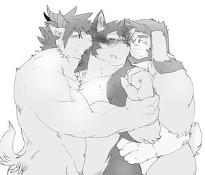 anthro anthro_on_anthro beard biceps eyewear facial_hair glasses group group_sex horn male muscular muscular_male sex simple_background threesome trio white_background kokukokuboo bovid caprine felid goat lagomorph mammal low_res monochrome source_request