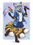 3_tails 4_toes 5_fingers aloha_shirt anthro barefoot bell bell_collar blue_hair blue_nose blue_tongue bottomwear chest_tuft claws clothed clothing collar countershading crossdressing digitigrade dual_holding eyewear feet femboy fingers flag flag_(object) flags floral_clothing floral_print floral_shirt floral_topwear fur glasses gloves_(marking) hair heterochromia holding_flag holding_object inner_ear_fluff leaf_print leaf_print_clothing leaf_print_shirt leaf_print_topwear leg_markings lgbt_pride long_hair male markings multi_tail navel nonbinary_pride_colors open_clothing open_shirt open_topwear pansexual_pride_colors pattern_clothing pattern_shirt pattern_topwear pride_color_flag pride_colors print_clothing print_shirt print_topwear shirt simple_background skirt smile socks_(marking) solo spots spotted_body spotted_fur striped_markings striped_tail stripes tail tail_markings toe_claws toes tongue topwear transgender_pride_colors tuft white_body white_countershading kacey neko_ed canid canine cheetah felid feline fox hybrid mammal 2018 hi_res