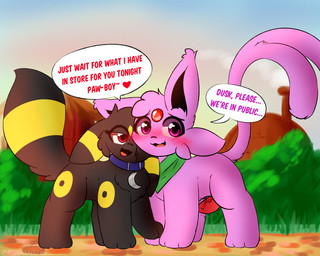 ambiguous_gender blue_collar collar duo feral genitals green_scarf male penis scarf speech_bubble rockii nintendo pokemon eeveelution espeon generation_2_pokemon pokemon_(species) umbreon 5:4 hi_res