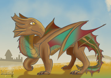 ambiguous_gender brass_body brown_body castle desert desert_background feral looking_back membrane_(anatomy) membranous_wings quadruped sand simple_background wings yellow_eyes sayeth dungeons_and_dragons european_mythology hasbro mythology wizards_of_the_coast brass_dragon_(dnd) dragon dragon_(dnd) mythological_creature mythological_scalie scalie western_dragon