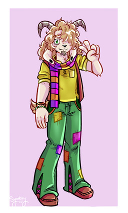 2_horns anthro biped border bottomwear bracelet brown_bottomwear brown_clothing brown_pants clothed clothing ear_piercing eyebrows floppy_ears footwear front_view fur gauged_ear gesture green_clothing green_hair green_shirt green_topwear hair hair_over_eye hand_gesture horn jewelry long_hair looking_at_viewer lop_ears male pants piercing red_eyes shirt short_tail simple_background solo standing tail tan_body tan_fur topwear v_sign white_border syaokitty bovid caprine goat mammal 2026 hi_res