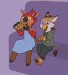 anthro bottomwear clothing dress eating eating_food female food furniture male pants pizza sitting sofa sweatpants sweatshirt young young_anthro binkybnuuy european_mythology greek_mythology mythology andromeda_phaedra toast_(r3drunner) avian deer gryphon hybrid mammal mythological_avian mythological_bird mythological_creature mythological_firebird phoenix satyr hi_res