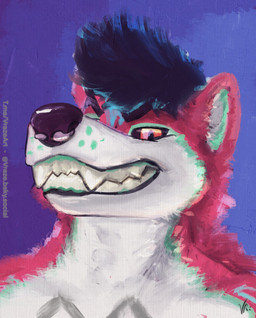 anthro facial_piercing fangs fluffy fur gradient_fur hair looking_at_viewer magenta_body magenta_fur male markings nose_piercing orange_eyes piercing pupils purple_body purple_fur purple_hair slit_pupils solo synthwave teal_body teal_fur teeth toothy_grin toothy_smile white_body white_fur vraze retro_(mythdawuff) hyena mammal bust_portrait hi_res portrait