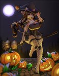 anthro big_breasts breasts broom cleaning_tool clothing corset eyeshadow female fishnet_clothing food fruit full_moon hair hat headgear headwear holidays hooves jack-o'-lantern lingerie makeup markings mole_(marking) moon night outside plant pumpkin solo tail tail_tuft topwear tuft wide_hips witch_costume witch_hat amycow halloween amy_(cow) bovid bovine cattle holstein_friesian_cattle mammal absurd_res hi_res