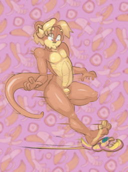 animal_genitalia anthro banana_peel blonde_hair genitals hair male purple_eyes sheath silly silly_face slipping solo mae_magritte_(artist) mammal mustelid otter hi_res