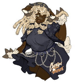 3_fingers anthro chain clothing curly_hair dreadlocks dress eyelashes female fingers fishnet_clothing fishnet_legwear hair legwear one_eye_closed scarf solo barabait bovid caprine mammal sheep 2025 hi_res watermark