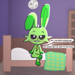 anthro bed bedding bedroom bedroom_eyes bite biting_lip black_eyes blanket blush blush_lines bodily_fluids charm_(jewelry) clock crossed_legs dialogue ears_up female floppy_ears folded_ears fur furniture green_body green_fur green_skin jewelry long_ears looking_at_viewer narrowed_eyes necklace on_bed paws pupils seductive shelf smile smiling_at_viewer smirk smirking_at_viewer solo speech_bubble sweat sweatdrop teeth teeth_showing text white_pupils tinky mob_entertainment poppy_playtime smiling_critters hoppy_hopscotch lagomorph leporid mammal rabbit 1:1 english_text hi_res