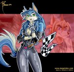 5_fingers :3 anthro blue_eyes breasts checkered checkered_flag cleavage clothed clothing dog_tags duo female fingers flag flag_(object) gloves green_eyes handwear holding_flag holding_object looking_at_viewer male race_queen solo_focus magolobo canid canine canis domestic_dog mammal 2004 digital_media_(artwork) wallpaper