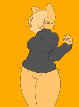 4_fingers anthro big_breasts black_clothing black_sweater black_topwear bottomless bottomless_anthro bottomless_female breasts cheek_tuft clothed clothing crossgender eyelashes facial_tuft female female_anthro fingers fur genitals hair hip_tuft innie_vulva looking_down mtf_crossgender orange_background orange_body orange_ears orange_fur orange_hair orange_tuft orange_vulva pawpads pink_pawpads simple_background solo standing sweater sweater_only topwear topwear_only tuft vulva horniicat alex_(horniicat) domestic_cat felid feline felis mammal 2023 digital_media_(artwork) hi_res