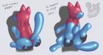2017 5_fingers ambiguous_gender animate_inanimate anthro artificial_intelligence bdsm blue_body blue_eyes blue_skin bound bulge butt butt_grab canid canine clothing digital_creature digital_media_(artwork) drone duo encasement english_text fingers front_view fusion generation_2_pokemon generation_7_pokemon hand_on_bulge hand_on_butt hand_on_leg hi_res human latex living_clothing looking_back looking_up machine male mammal merging nintendo pink_body pink_skin pokemon pokemon_(species) porygon2 posexe presenting raised_tail rear_view robot rockruff simple_background solo_focus spread_legs spreading suit tail text transformation watermark white_background zentai