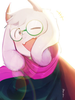 2_horns anthro clothed clothed_anthro clothed_male clothing eyewear flesh_fang floppy_ears fur glasses green_eyewear green_glasses happy horn lens_flare lop_ears male one_eye_closed open_mouth pink_scarf round_glasses scarf solo white_body white_fur kyou_0p0_m deltarune undertale_(series) ralsei bovid caprine goat mammal hi_res signature