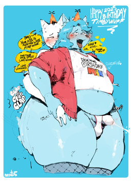 anal anal_orgasm anal_penetration anthro belly big_butt blue_body blue_hair bodily_fluids butt chubby_girly clap_(sound_effect) clothing collar cum cum_in_clothing cum_in_underwear cum_inside cum_through_clothing cum_through_underwear dialogue duo ejaculation fishnet_clothing fishnet_legwear genital_fluids hair hand_holding hands-free hat headgear headwear legwear male male/male male_penetrating onomatopoeia orgasm overweight overweight_anthro overweight_male party_hat penetration ripples sound_effects speech_bubble sweat sweatdrop text thick_thighs tight_clothing underwear wet wet_clothing wet_underwear neato5 timbywuff canid canine canis mammal wolf 2025 hi_res