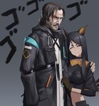 black_hair blood bodily_fluids breasts brown_eyes clothed clothing duo facial_hair female gloves hair handwear long_hair looking_at_viewer male markings mole_(marking) one_eye_closed wounded kaiser_aki arknights hypergryph john_wick jojo's_bizarre_adventure menacing_(meme) studio_montagne dobermann_(arknights) doctor_(arknights) john_wick_(character) keanu_reeves animal_humanoid canid canid_humanoid canine canis human humanoid mammal mammal_humanoid absurd_res hi_res meme