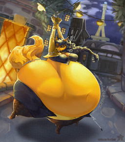 anthro belly big_belly blue_hair breasts building female hair huge_belly huge_thighs hyper hyper_belly hyper_pear hyper_thighs morbidly_obese morbidly_obese_anthro morbidly_obese_female night obese obese_anthro obese_female outside overweight overweight_anthro overweight_female paris solo thick_thighs velvetbambi sly_cooper_(series) sony_corporation sony_interactive_entertainment sucker_punch_productions carmelita_fox canid canine fox mammal 2025 absurd_res hi_res