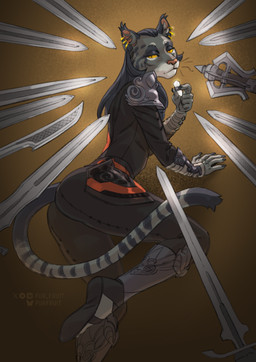 amber_eyes anthro claws danger ear_piercing ear_ring felina'ma female female/female gem gold_ear_ring half-closed_eyes mace melee_weapon narrowed_eyes peril piercing ring_piercing slim solo sword tail weapon skitalets microsoft the_elder_scrolls felid feline khajiit mammal absurd_res hi_res meme