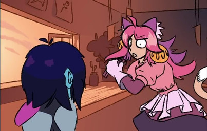 ahoge ambiguous_gender bell_accessory biped blue_body blue_hair blue_skin bottomwear clothing dancewear detailed_background dipstick_tail duo eye_contact fade_to_black female fur hair long_hair looking_at_another markings multicolored_body multicolored_fur nervous pink_body pink_fur pink_hair purple_lighting scene_parody serious skirt surprised tail tail_markings tan_body tan_skin tutu two_tone_body two_tone_fur white_body white_fur white_inner_ear wide_eyed tom_topics deltarune malcolm_in_the_middle undertale_(series) irritable_ghost_(deltarune) kris_dreemurr mad_mew_mew mew_mew_(undertale) pink_(deltarune) animal_humanoid cat_humanoid felid felid_humanoid feline feline_humanoid human humanoid mammal mammal_humanoid 2026 2d_animation animated digital_drawing_(artwork) digital_media_(artwork) frame_by_frame meme no_sound short_playtime video