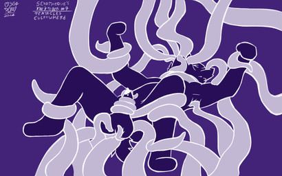 anthro ball_fondling balls biped bodily_fluids cum ear_penetration erection featureless_feet feet fondling forced genital_fluids genitals lying male mitten_hands nude on_back oral oral_penetration penetration penis plantigrade purple_background rape restrained restrained_by_tentacles sex simple_background solo spread_arms spread_legs spreading tentacle_in_ear tentacle_in_mouth tentacle_penetration tentacle_rape tentacle_sex tentaclejob tentacles tentacles_around_penis tentacles_everywhere text m3g4 kinktober kinktober_2024 canid canine canis domestic_dog mammal 16:10 2024 colored digital_media_(artwork) english_text hi_res signature widescreen