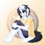 anthro black_body black_ears black_fur black_hair black_tail blush bottomless clothed clothing female floppy_ears fluffy fluffy_tail fur hair multicolored_body multicolored_fur multicolored_hair solo tail two_tone_body two_tone_fur two_tone_hair white_body white_fur white_hair white_tail yellow_clothing yellow_eyes fluffy_hinu border_collie canid canine canis collie domestic_dog herding_dog mammal pastoral_dog sheepdog 1:1 hi_res