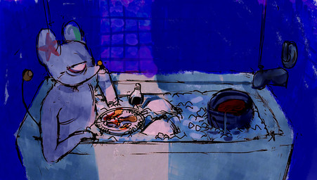 anthro bathing bathroom bathtub black_eyes blue_tile breasts bucket container crescent_moon dish eye_bags faucet featureless_breasts fur glass glass_container grey_body grey_fur half-closed_eyes inside leftovers light_source male moon narrowed_eyes nude solo star puzzler00m jargo_(puzzler00m) mammal murid murine rat rodent absurd_res hi_res