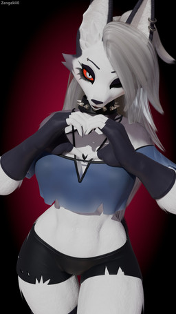 anthro bottomwear clothed clothed_female clothing collar crop_top ear_piercing female fur gesture gloves grey_body grey_fur grey_hair hair handwear heart_gesture looking_at_viewer piercing red_sclera shirt shorts solo standing thick_thighs topwear torn_clothing zengekii0 dogzeela_(modeler) hellaverse helluva_boss mythology loona_(helluva_boss) canid canid_demon canine demon hellhound mammal mythological_canine mythological_creature 3d_(artwork) 9:16 digital_media_(artwork) hi_res