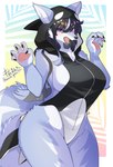 anthro big_breasts black_hair blue_body blue_fur breasts clothed clothing female fur hair kemono looking_at_viewer one-piece_swimsuit open_mouth purple_eyes solo swimwear teeth lemoco ookami-chan_(kim_3022) canid canine canis mammal wolf 2023 absurd_res digital_media_(artwork) hi_res