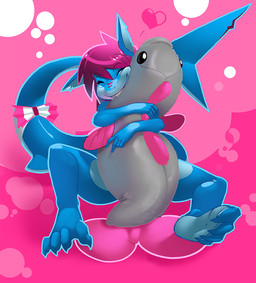 4_toes anthro barefoot blue_body blue_skin claws eyebrows eyelashes eyes_closed feet female fin hair heart_symbol hug pink_hair plushie smile tail tail_fin teeth toe_claws toes shnider arcaide aquatic fish shark 2015 hi_res