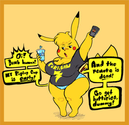 anthro barefoot belly big_breasts biped black_sclera blonde_hair blue_clothing blue_panties blue_underwear border bottomwear breasts camel_toe cheek_spots cleavage clothed clothing container controller cup dialogue disposable_cup drinking_straw feet female hair holding_container holding_controller holding_cup holding_object holding_remote_control huge_hips insult insulting_viewer narrowed_eyes open_mouth panties pantsless pattern_bottomwear pattern_clothing pattern_panties pattern_underwear pokemorph polka_dot_panties remote_control rude shirt short_hair shortstack shortstack_female simple_background slightly_chubby slightly_chubby_anthro slightly_chubby_female solo speech_bubble spots spotted_bottomwear spotted_clothing spotted_panties spotted_underwear standing t-shirt tail talking_to_viewer text text_on_clothing text_on_shirt text_on_t-shirt text_on_topwear thick_thighs three-quarter_view topwear tv_remote underwear white_eyes wide_hips yellow_background yellow_body picknpull nintendo pokemon generation_1_pokemon mammal pikachu pokemon_(species) rodent 2024 digital_drawing_(artwork) digital_media_(artwork) english_text full-length_portrait hi_res portrait