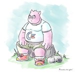 anthro bottomwear bulge clothing eyewear glasses humanoid_hands male overweight overweight_anthro overweight_male pink_body shirt shorts sitting solo topwear caesarcub domestic_pig mammal suid suina sus_(pig) 2014