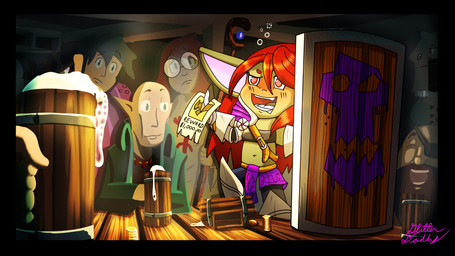 alcohol beer beer_mug beverage big_ears bubble coin drunk drunk_bubble fantasy female green_body group hair heavy_armor long_hair male not_furry red_hair shield staff substance_intoxication tavern wanted_poster sk8th dwarf elf goblin human humanoid mammal absurd_res digital_drawing_(artwork) digital_media_(artwork) hi_res